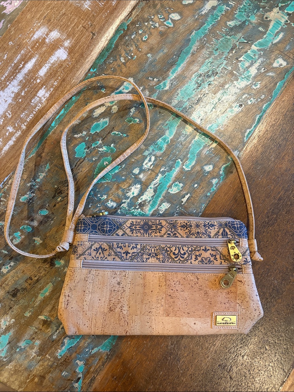 Montado Portuguese NWOT Cork Crossbody Bag with Blue Patterned Trim